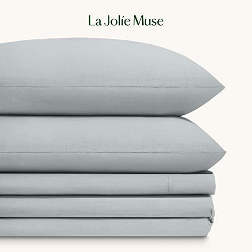 LA JOLIE MUSE Linen Queen Sheet Set, Prewashed 100% French Linen Bed Sheet, Breathable and Durable, 15" Deep Pocket Fitted Sheet, Flat Sheet and 2 Pillowcase, Fog Flax Bedding Set (Set of 4)