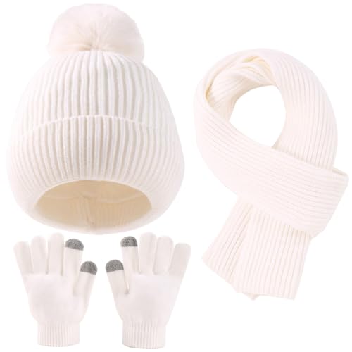 Yaopelky Juego de guantes para pantalla táctil, gorro de punto cálido con pompón, bufanda larga, calentador de manos, Blanco, Einheitsgröße für Kinder von 4-10 Jahren