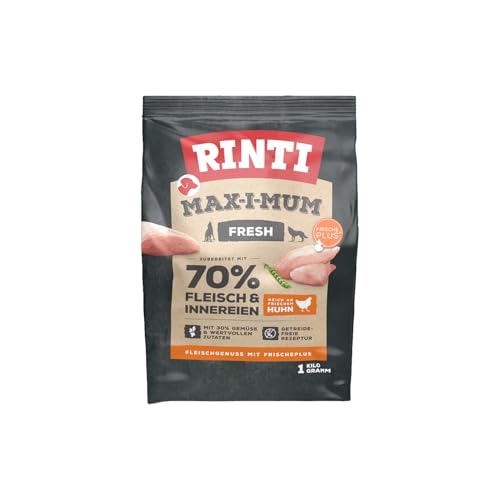 RINTI - Max-i-Mum | Trockenfutter für ausgewachsene Hunde mit 70% Fleisch & Innereien. Getreidefreies Alleinfutter im Beutel mit ausgewogenem Protein-/Fett-Verhältnis | 7x1kg Huhn