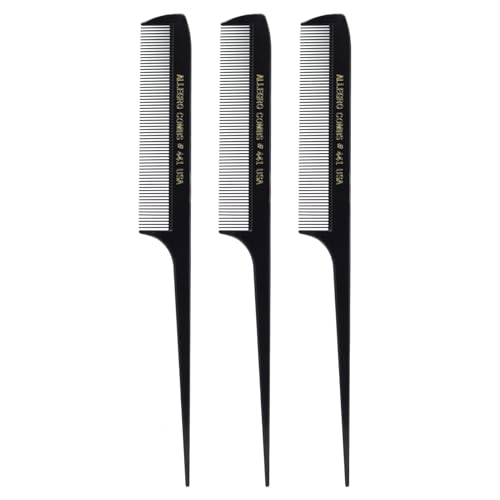 Allegro Combs 441 Rat Tail Combs Braiding Parting Fine Teeth Rattail Set For Hair Styling For Hair Coloring 3 Units (Black)