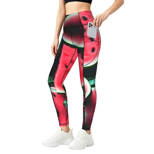 Leggings rojos con estampado de sandía para mujer y conjuntos de entrenamiento con bolsillos