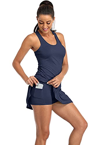 icyzone Vestido de Tenis atlético para Mujer con Pantalones Cortos de Golf, Ejercicio, Correr, Espalda Cruzada, sin Mangas (L, Azul Marino)