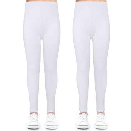 KOOOGEAR Pack de 2 leggings para niña, de cintura alta, para niños, de algodón, suaves, Pack de 2 Blanco, 5-6 años