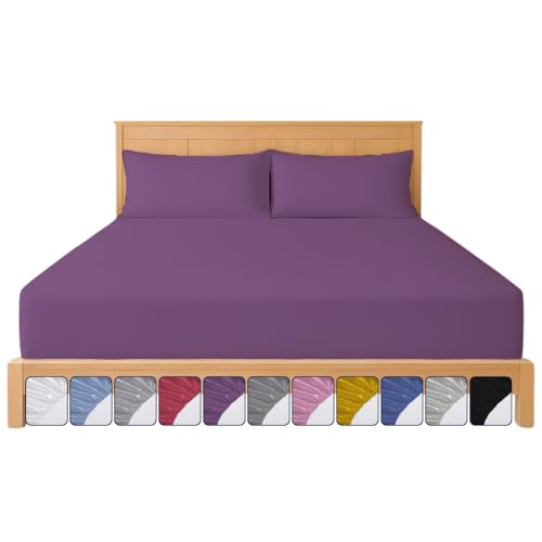 Fitted Sheet 25cm with Extra Deep Pockets - OEKO-TEX Certified Bed Sheet Double Size 137X190CM | Hotel Quality & Wrinkle Resistant | Brushed Microfibre Fitted Sheets (Purple, Single 25 CM)