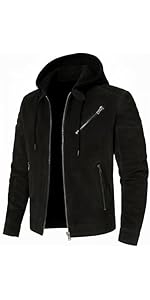 Blaq Ash Men's Faux Leather Biker Jacket with Removable Hood, Quilted Shoulder, Dark Brown 83 Blaq Ash Men's Faux Leather Biker Jacket with Removable Hood, Quilted Shoulder, Dark Brown - MSDeals