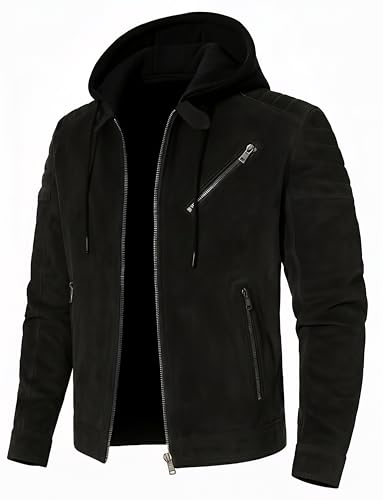 Image of Blaq Ash Men's Suede Hooded Biker Jacket with Removable Hood and Multiple Zippers