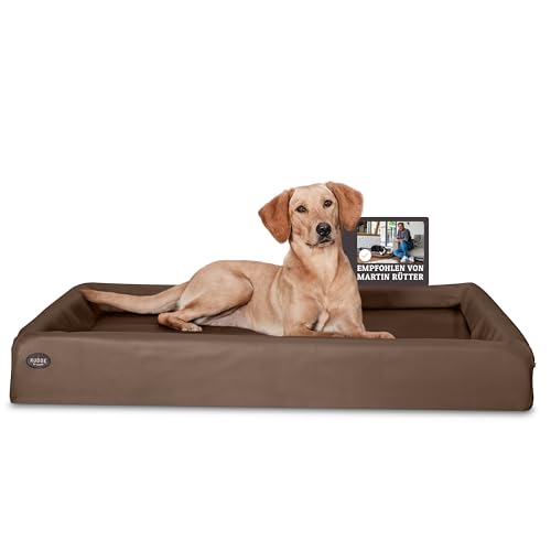 SABRO KUDDE Orthopädisches Hundebett – Martin Rütter – Hochwertiges Kunstleder – Waschbar & Wasserabweisend – Ergonomisch – Premium Haustierzubehör für Mittelgrosse, Grosse Hunde L in Braun