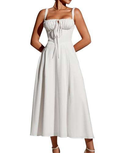 GLNEGE Women's Summer Corset Midi Dress Casual Lace Up Flowy Milkmaid Dresses A-Line Boho Sundress White