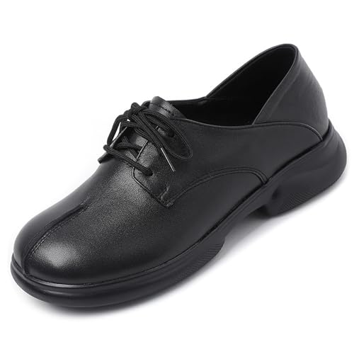 Women's Vintage Leather Platform Lace-up Oxford Shoes,Fashion Round Toe Slip-on Casual Loafers Comfortable Non-Slip Soft Sole Walking Work Shoes (Black,10.5)