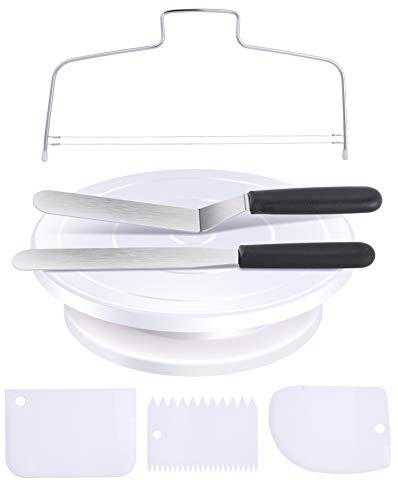 Cake Turntable for Decorating, Ohuhu Cake Decorating Tools, Rotating Cake Stand with 2 Icing Spatula, 3 Icing Smoother and Cake Leveler, Turns Smoothly for Cake Decorations, White (10 inch)