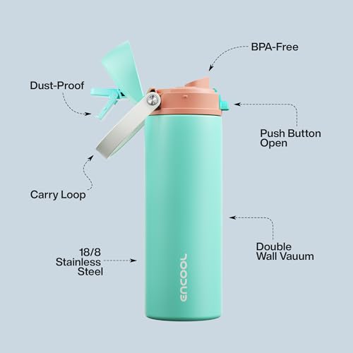 Image of Insulated Water Bottle with Straw - Encool Stainless Steel Water Bottle with Push Button Lid, Leak-Proof & BPA-Free, Keeps Cold for 24 Hours for Sports, Travel, Gym (24 oz, Turquoise)