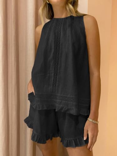 Image of Women's Summer Ruffle Short Sets Cotton Sleeveless Pajama Set | 2 Piece Outfits for Women, Lightweight Breathable Cotton, Relaxed Fit, for Bridesmaid, Party, Vacation and Daily Wear