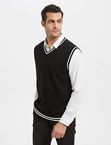 Toptie Mens Sweater Vest, Black And White Trimmed V-Neck Soft Knit Pullover #TOP4