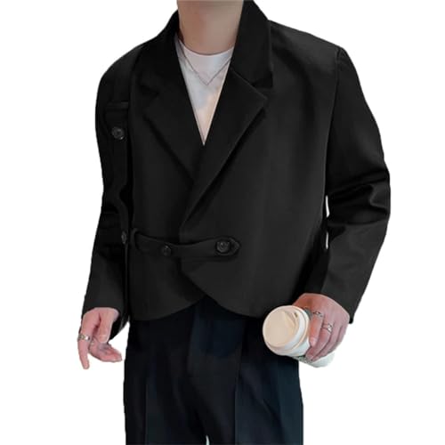 Men Handsome Shoulder Pads Solid Cropped Blazer Male Long Sleeved Suit Coats Black M