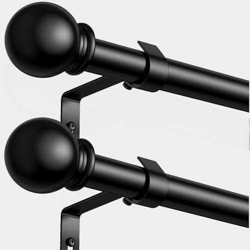 PeSenp Curtain Poles,Black Curtain Pole for Eyelet Curtains,16mm Curtain Rod with Round Finials,Adjustable Multi-Piece Metal Curtain Poles Includes Brackets & Fittings Set, 87-125cm, 2 Pack