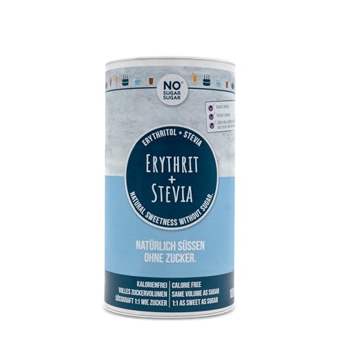 NO SUGAR SUGAR 1 kg Erythrit + Stevia vegan, 100% zucker- & kalorienfreier Zuckerersatz, zahnfreundliche 1:1 Süße gegenüber Zucker, gesunde Alternative ohne Eigengeschmack zum Kochen, Backen, Süßen