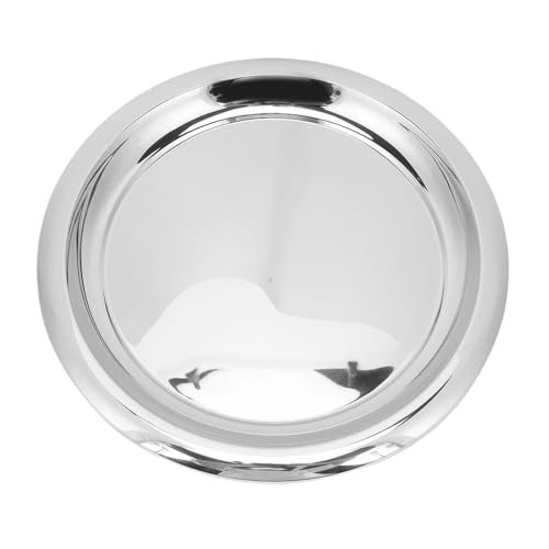 Bandeja redonda de acero inoxidable para servir, bandeja de barra plateada pulida con espejo de 35 cm con bordes lisos y diseño inoxidable, para bebidas, aperitivos, postres, whisky, decoración del