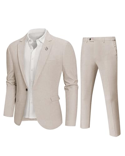 Hihawk Men 2 Piece Regular Fit Linen Suit, Casual Blazer Pants Set, Lightweight Jacket Trouser for Wedding Prom Beige Medium