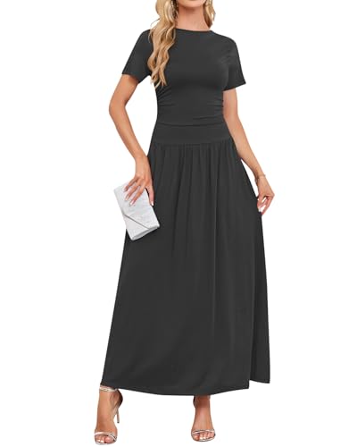AUSELILY Women's Maxi Dress 2025 Summer Short Sleeve Crewneck Ruffled Flowy Swing Long Dresses,Casual Party or Evening Wear2