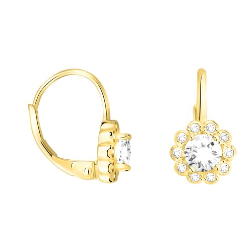 ELEGANTI & SENZA TEMPO - Orecchini pendenti alla moda placcati in oro con pietra zirconia - design a fiore - adatti per ogni occasione ed abbinamento