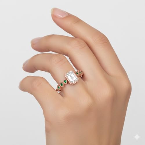 Image of Choose Your Gemstone Bezel Set Emerald Accented Diamond CZ Ring Rose Gold Plated Emerald Shape Side Stone Engagement Rings for Women, Girls and Ladies US Size 4 to 12