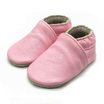 Leather slip ons shoes for prewalker babies infants toddlers boys and girls first walker soft sole light anti slip slippers (Pink, 6-12 months)