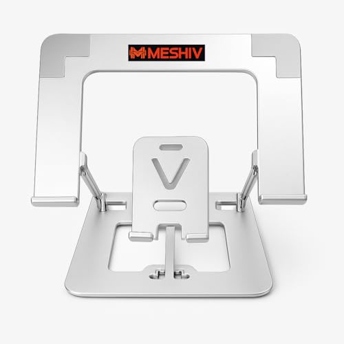 Image of Adjustable Laptop Stand with Mobile Holder, Ergonomic Foldable Metal Laptop Riser Desk, Ventilated & Sturdy Compatible for 15.6 Inch Laptops, MacBook, HP, Dell, Acer, Lenovo, Notebook Stand
