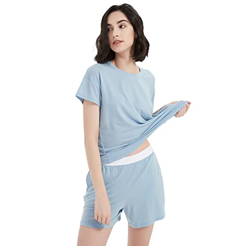 Metarino Merino Wool Pajamas Women 2Pcs Set Nightwear Short Sleeve Soft O Neck Sleepwear For Home,Sky Blue,Large, Mata-6287 #TOP3