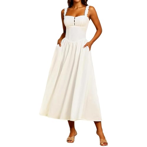 YAPAZULU - Vestido largo blanco con tirantes con bolsillo, vestido Midi de encaje, cintura entallado y falda acampanada, vestidos de novia civil o dama de honor para mujer, traje de jardín, fiesta