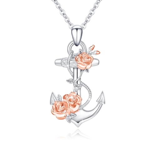 CRWENG Anchor Necklace for Women 925 Sterling Silver Anchor Rose Pendant Necklace for Women Nautical Ocean Beach Jewelry Gifts for Lover