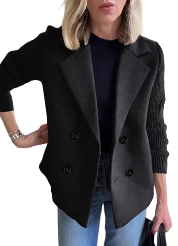ebossy Women's Double Breasted Wool Pea Coat Notched Lapel Ribbed Knit Long Sleeve Sweater Short Blazer Jacket (2XL, Black)