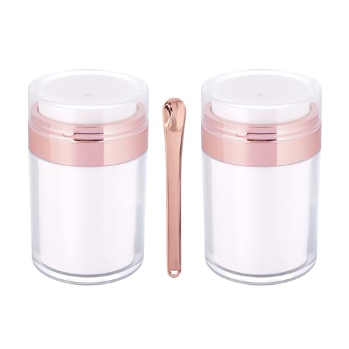2Pack Airless Pump Jars with Cosmetic Spatula 3.5 oz Empty Refillable Cosmetic Air Pump Jars Bottles Airless Lotion Cream Dispenser Portable Travel Makeup Containers (Rosegold)