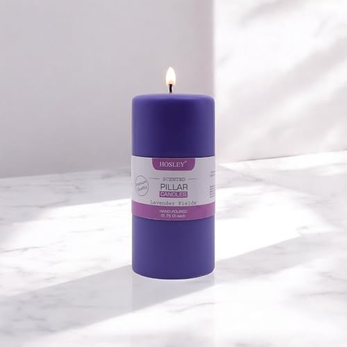 Image of HOSLEY 6 Inch Long Lavender Fields Fragrance Purple Pillar Candles| Soy & Paraffin Wax Candles for Home Decor, Party, Wedding, Gifting|90 Hours Burn Time|2.75 Inch Diameter(Pack of 1)