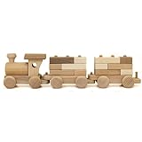 Holzfee Holzzug Dampflok Holz Eisenbahn Zug 35cm Lokomtive mit 3 Waggons Hänger + Bausteine