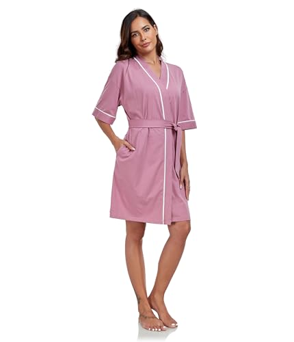 Image of ANLIQI Womens 100% Cotton Robes Lightweight Summer Short Sleeve Lady Bathrobe Knee Length Kimono Robe Sleepwear with Pockets