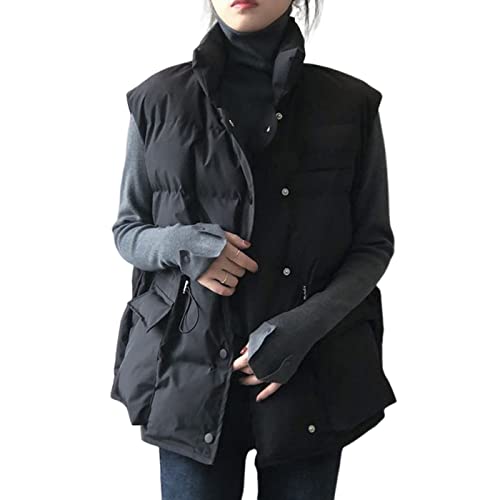 Arssm Womens Puffer Vest Sleeveless Button Stand Collar Padded Drawstring Bodywarm Padded Casual Lightweight Jacket(Black-Xl) #TOP2