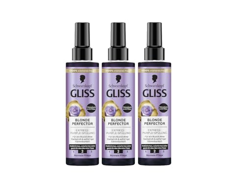 Gliss Express Purple-Acondicionador Blonde Perfector (3 x 200 ml), Acondicionador para cabello rubio natural, teñido y con mechas, con protector de secador y filtro UV