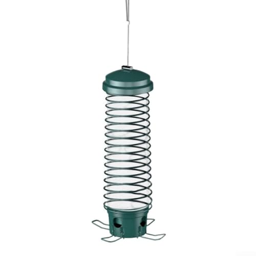 Hasaller Comedero para pájaros a prueba de ardillas de metal con tubo transparente y 4 puertos de alimentación para pájaros silvestres, color verde