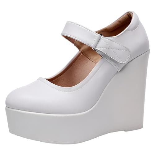 Jamron Femme Plateforme Haute 11.5CM Talon Compensé Mary Jane Chaussures Crochet et Boucle Escarpins Cuir Blanc SN070281-3 EU38.5