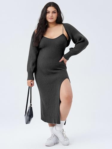CIDER Plus Size 2 Piece Sweater Dresses for Women Long Sleeve Midi Dress Slit Winter Pullover Wedding Guest Outfits2