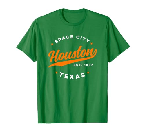 Vintage Houston Texas Space City Orange Text T-Shirt, Men, Kelly Green, 3X-Large