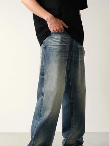 Men’S Retro Loose Straight Stretch Denim Cargo Pants Button Fly Midweight Distressed Elastic Waistband Full Length Jeans2
