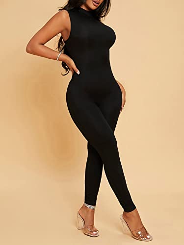 Makemechic Women'S Sleeveless Mock Neck One Piece Jumpsuit Romper Bodysuit Pants Unitard Jumpsuits Black A M thumb #3