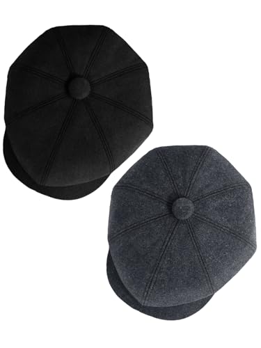 Senker Fashion Newsboy Cap for Men, 8 Panel Wool Blend Ivy Newsies Cabbie Hat Winter Flat Beret for Old Man Cabbie Driving Black Dark Grey