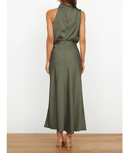 Image of Sexyshine Women's Elegant Halter Tie Neck Sleeveless Satin Long Dress Backless Split Cocktail Party Formal Wedding Maxi Dress