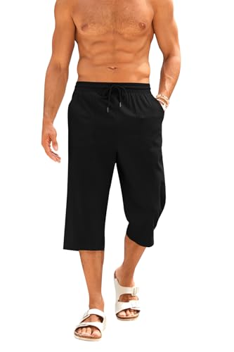 Runcati Short Homme Coton Lin Bermuda 3/4 Longueur Pantalon d'Été Yoga Jogging Décontracté Sweatpants Short de Sport Pantalon de Loisirs Sweatshorts...