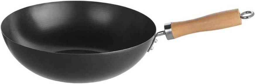 U HOME Wok Stir Fry Pan 28cm, Wooden Handle, Lightweight Carbon Steel, Chefs Pan, Pre-Seasoned Non-Stick Deep-Frying Pot, for Chinese Japanese and Other Cooking. (Wok Wooden Handle 28cm)