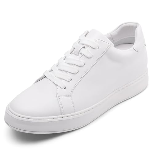 Men's Invisible Height Increase Sneakers 2.76’’, Custom Fit Elevator Insole 7cm Height Boosting Hidden Lift, Breathable Leather White Casual Shoes with Slip-Resistant Outsole