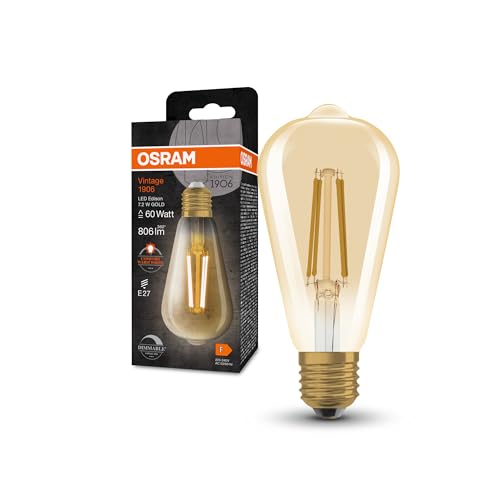 Osram Vintage 1906® Classic Edison FIL 60 LED-Lampe mit Sockel 27, dimmbar, Edison-Form, gold, 7,2W, 806lm, 2400K, reduziertes warmweißes Licht, geringer Verbrauch, lange Lebensdauer