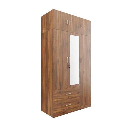 Image of VIKI Wardrobe | Wooden Almirah for Clothes,Door for Bedroom, 3 Door LoftWardrobe with Drawer, Mirror & Hanging Space (Brussel Walnut - 40D x 120W x 220H) | 1 Year Warranty | Free Assembly
